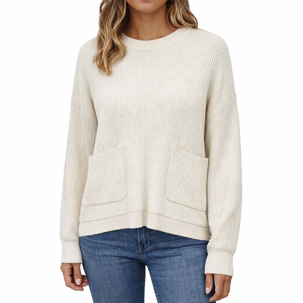 Madewell Cream Crew Neck Ribbed Cropped Long Sleeve Knit Cozy Pockets Sweater